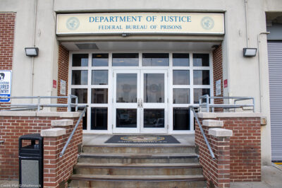 Entrance to the Department of Justice Federal Bureau of Prisons in Brooklyn, NY.